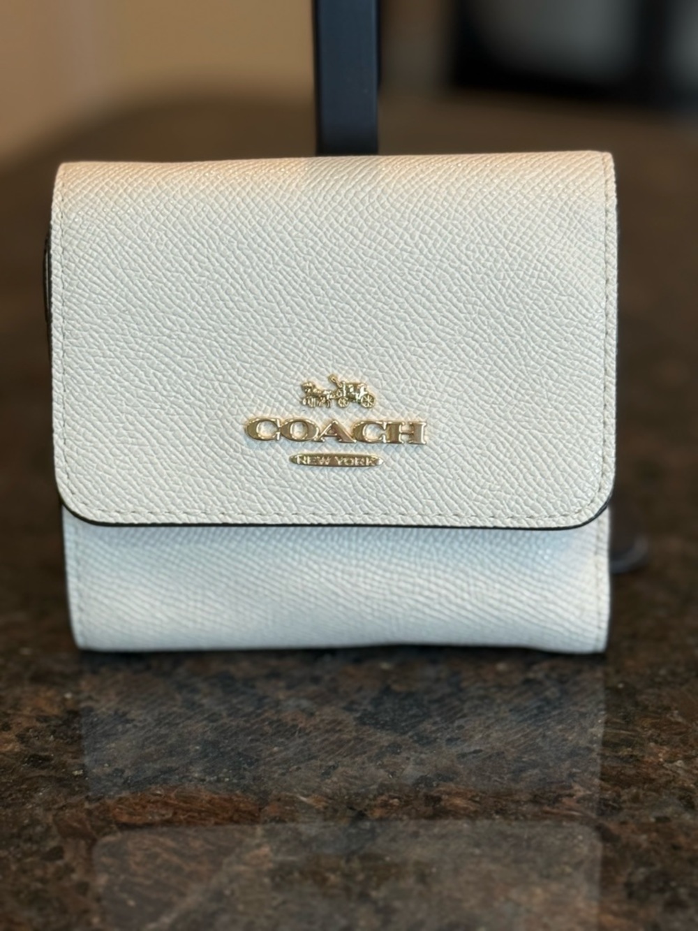 Coach Small Leather Wallet Trifold Tulip Wallet in Ivory with Gold Logo